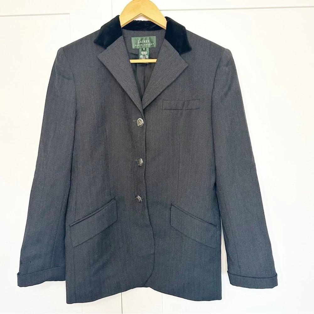 Lauren Ralph Lauren Equestrian Herringbone Wool blazer 10 gray preppy old money - Picture 3 of 13